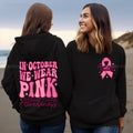Pink Breast Cancer Awareness hoodie with retro hot stamp pattern and side seam pockets.