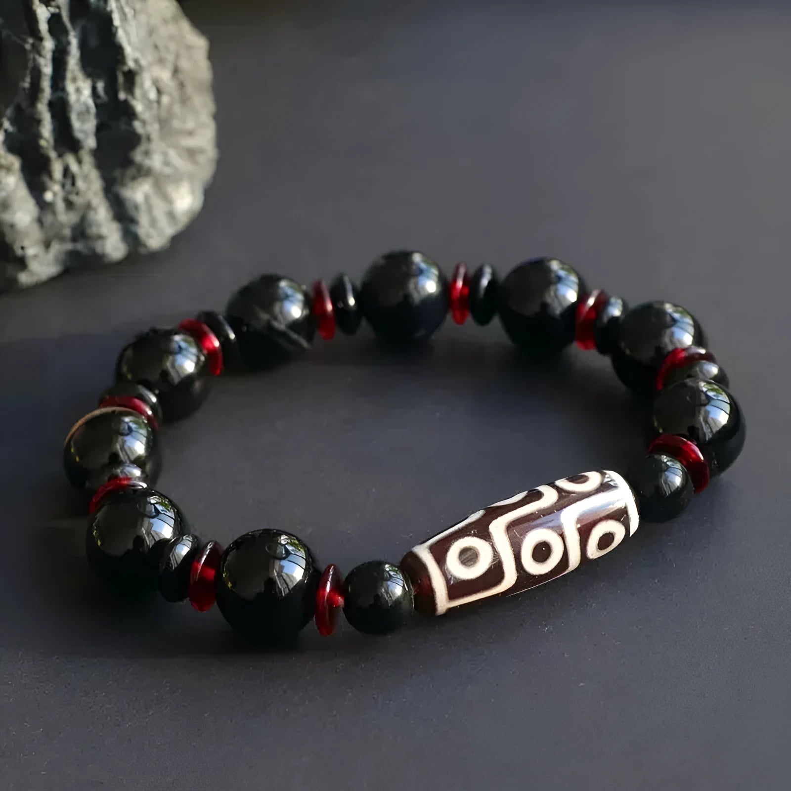 Hand-woven black agate dzi bead bracelet with 11mm geometry beads