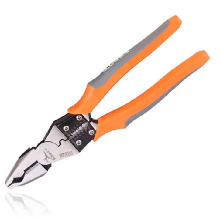 Orange-handled multi-function wire cutter pliers with chrome steel clamp head for stripping and cutting
