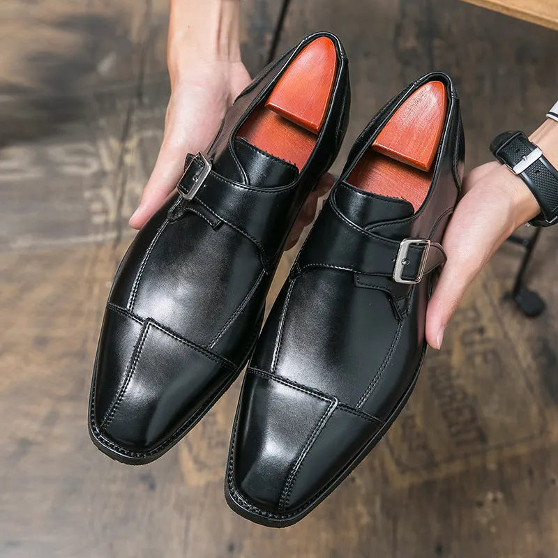Men's brown-blue and black retro buckle casual leather shoes with a tall crown.