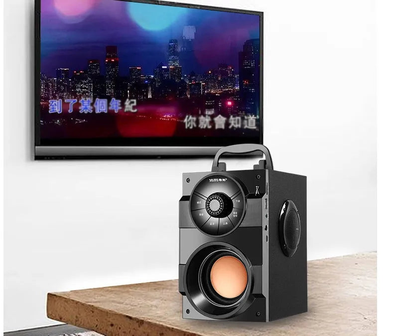 Black mini portable audio system with subwoofer, satellite speakers, and 1.2m connection cable