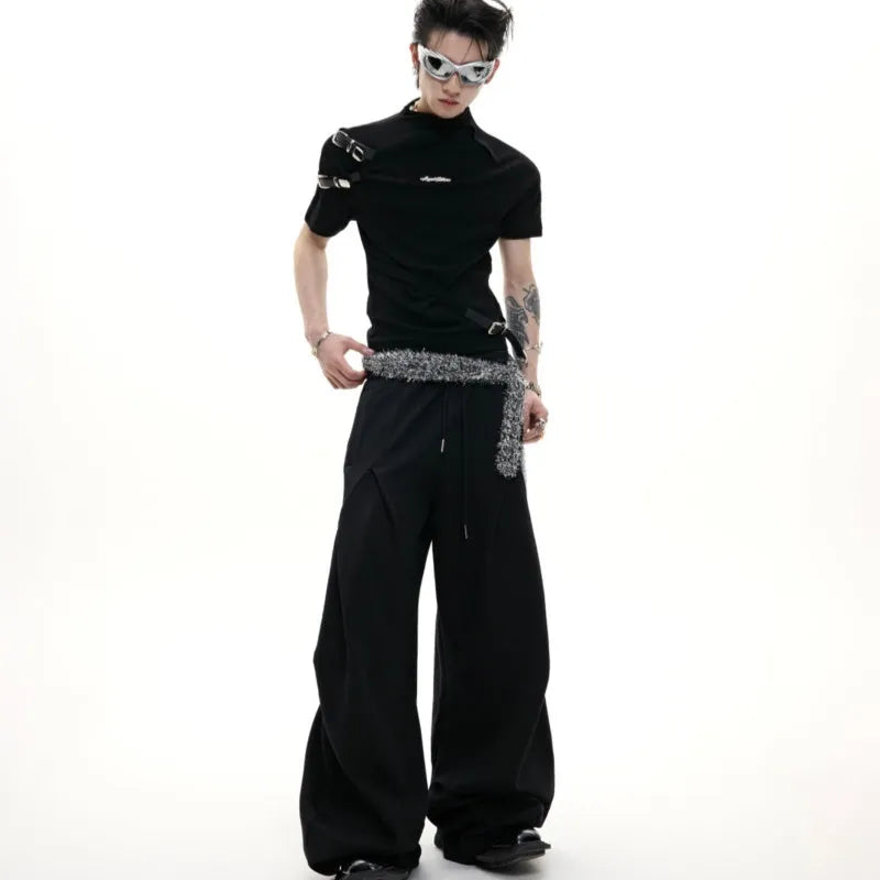 Men's slim fit black cotton T-shirt with a small stand-up collar and metal belt design detail on chest.
