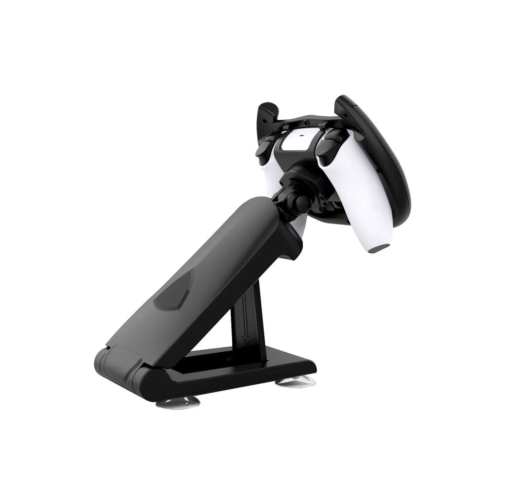 Black ABS plastic gamepad steering wheel bracket with suction cup mount holding a mobile phone.