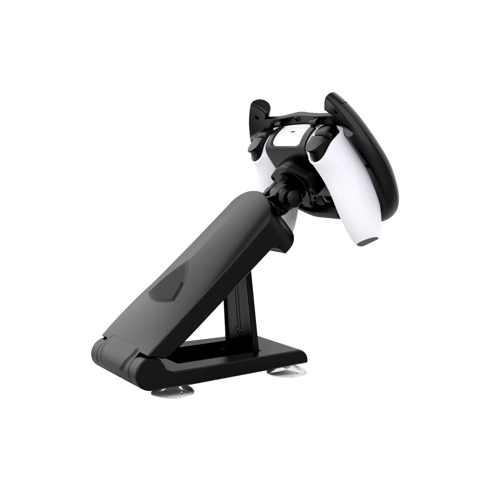 Black ABS plastic gamepad steering wheel bracket with suction cup mount holding a mobile phone.