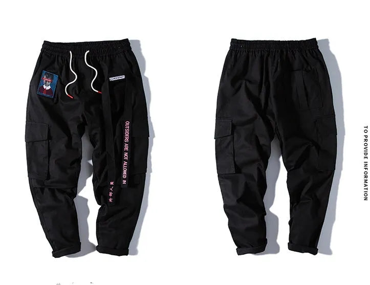 Influx men's loose fit Harajuku style cargo trousers in black with drawstring waist