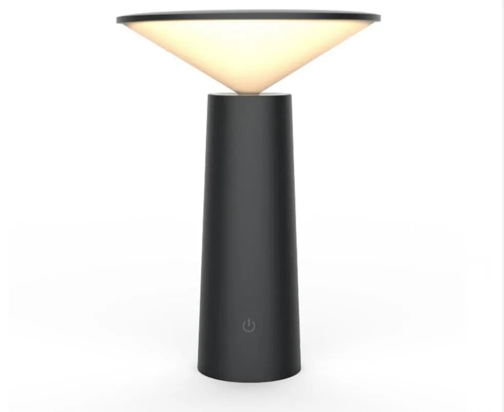 Black USB LED table lamp with touch sensor and adjustable head on wooden desk