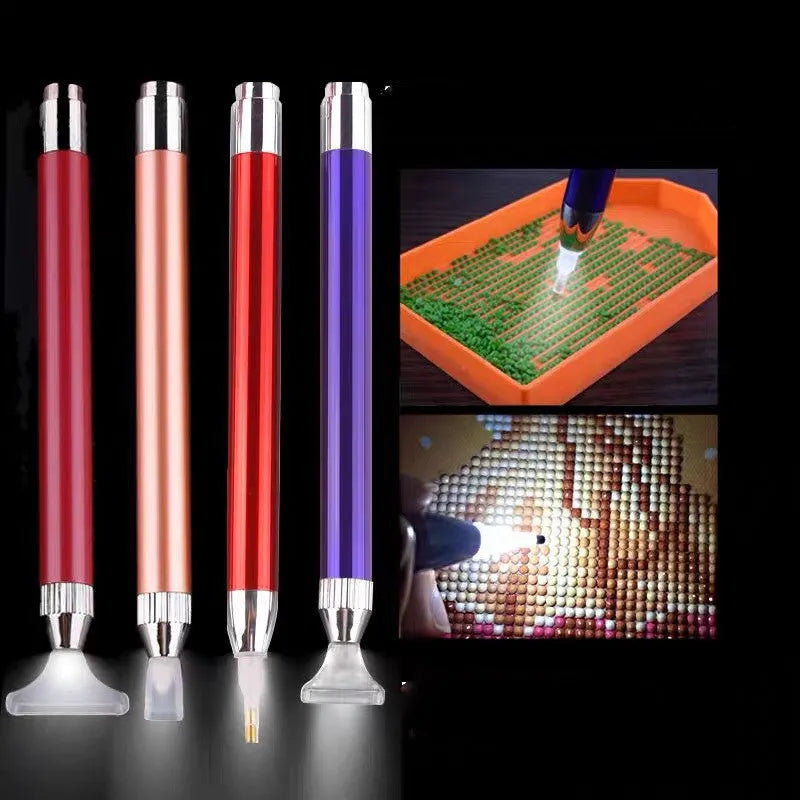 Luminous single-head diamond painting drill pen in gold, red, or blue with metal frame.