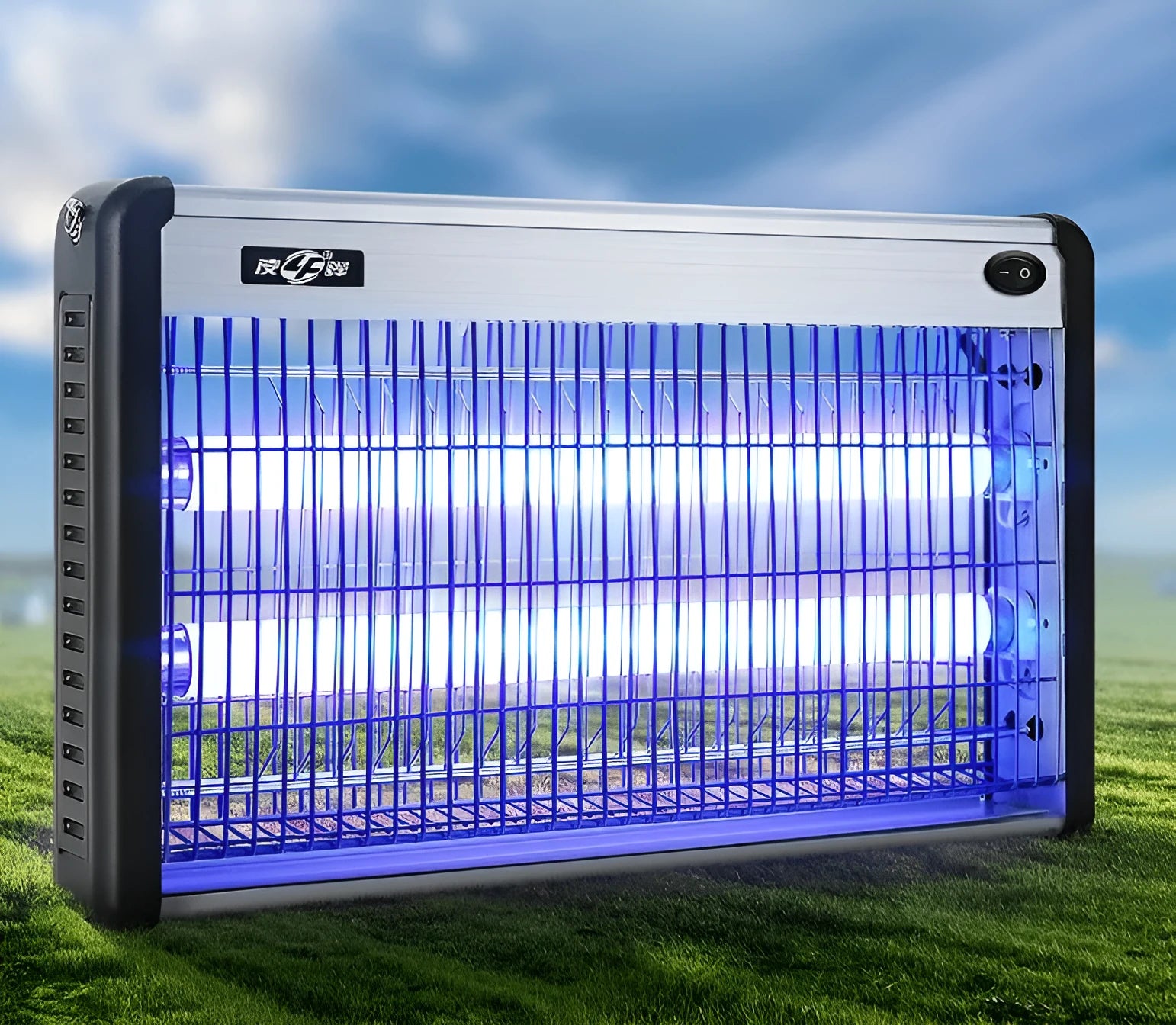 Indoor electric mosquito killing lamp with UV light and electric grid for fly and insect control.