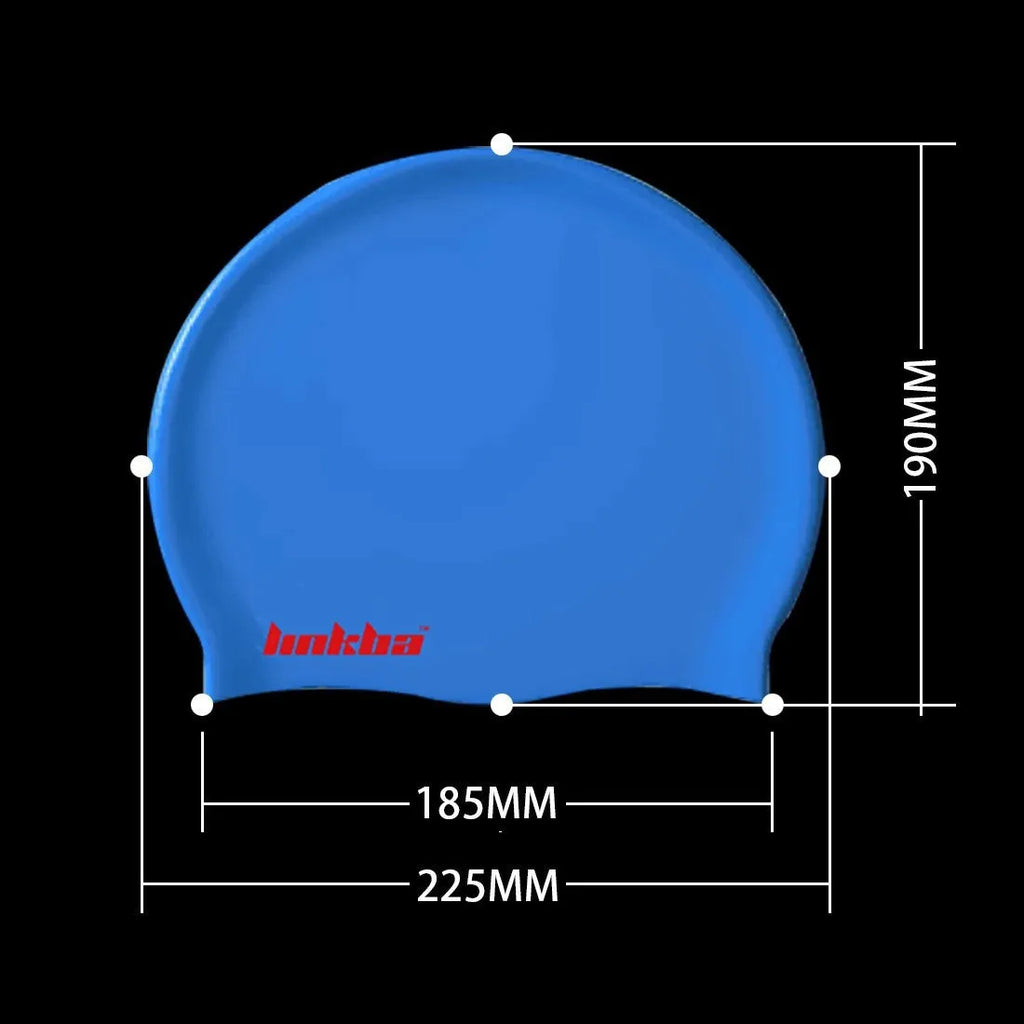 Silicone swimming cap with earmuff design for ear protection, shown in various colours