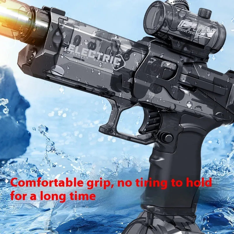 Fire Rat electric water pistol with LED lights in blue, showing automatic water spray feature.