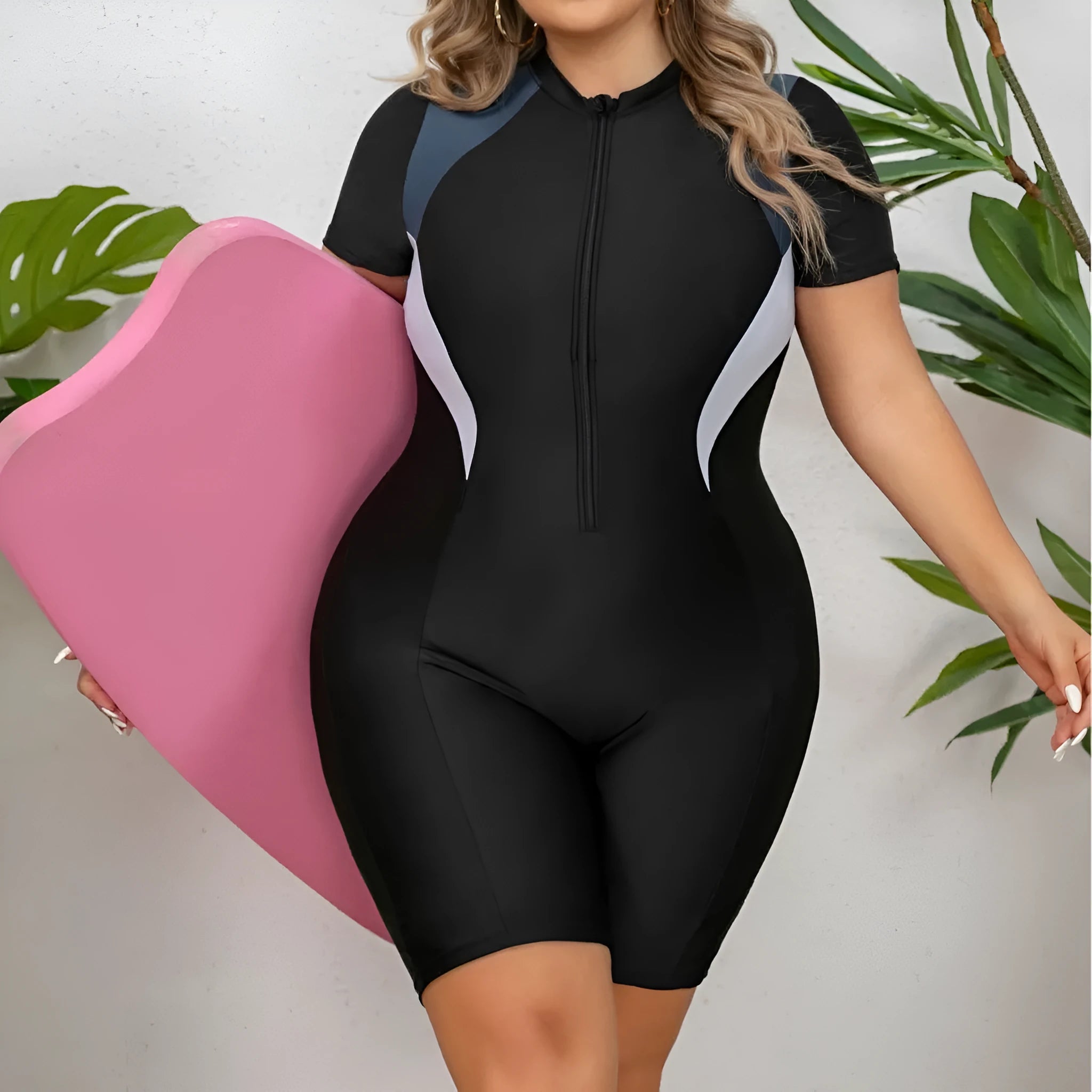 Plus size one-piece zipper sports swimsuit for women in black polyester short sleeve design