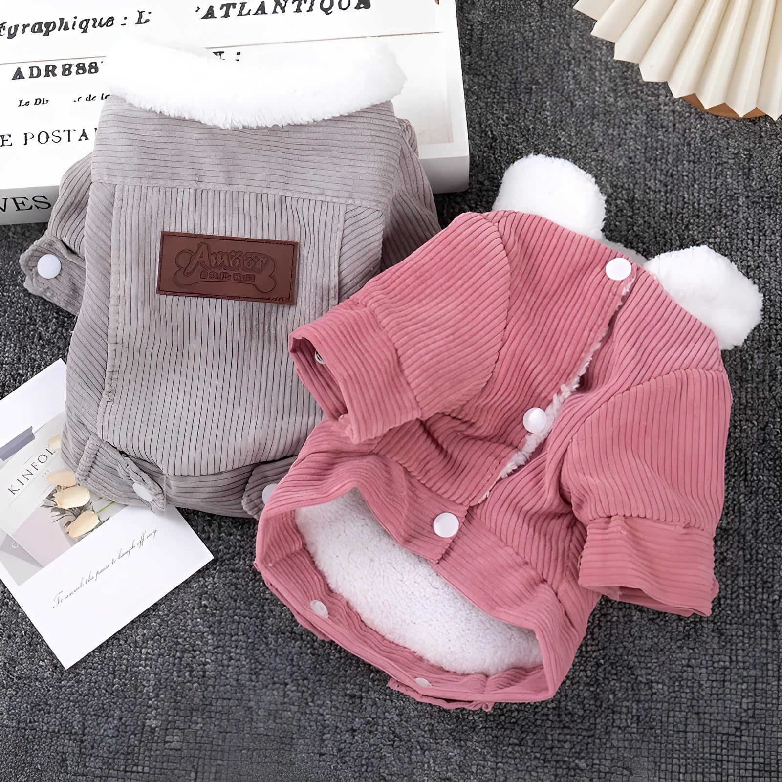 Lambswool fleece-lined dog vest in grey or pink with wool lining for autumn and winter warmth