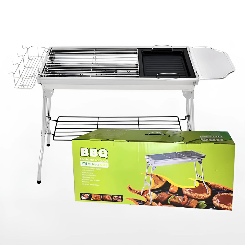 Stainless steel portable folding barbecue grill with large cooking area for outdoor use