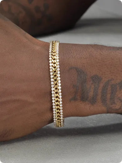 Gold tennis bracelet for men and women made of titanium steel with gemstone inlay on a wrist
