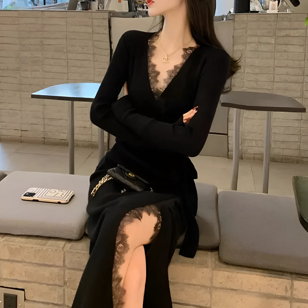 Black slim fit woolen skirt with princess dress styling on mannequin