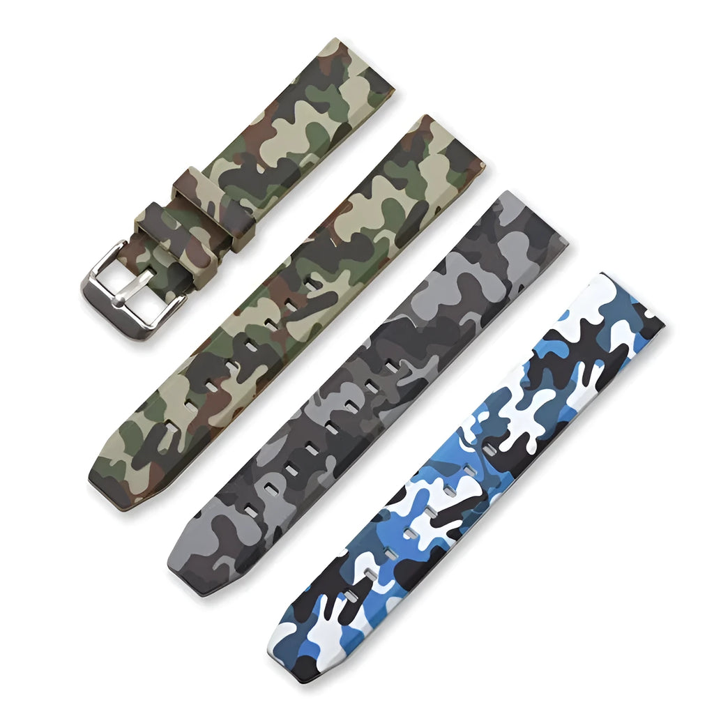 Green camouflage silicone watch strap with flat head, shown alongside blue and grey versions.