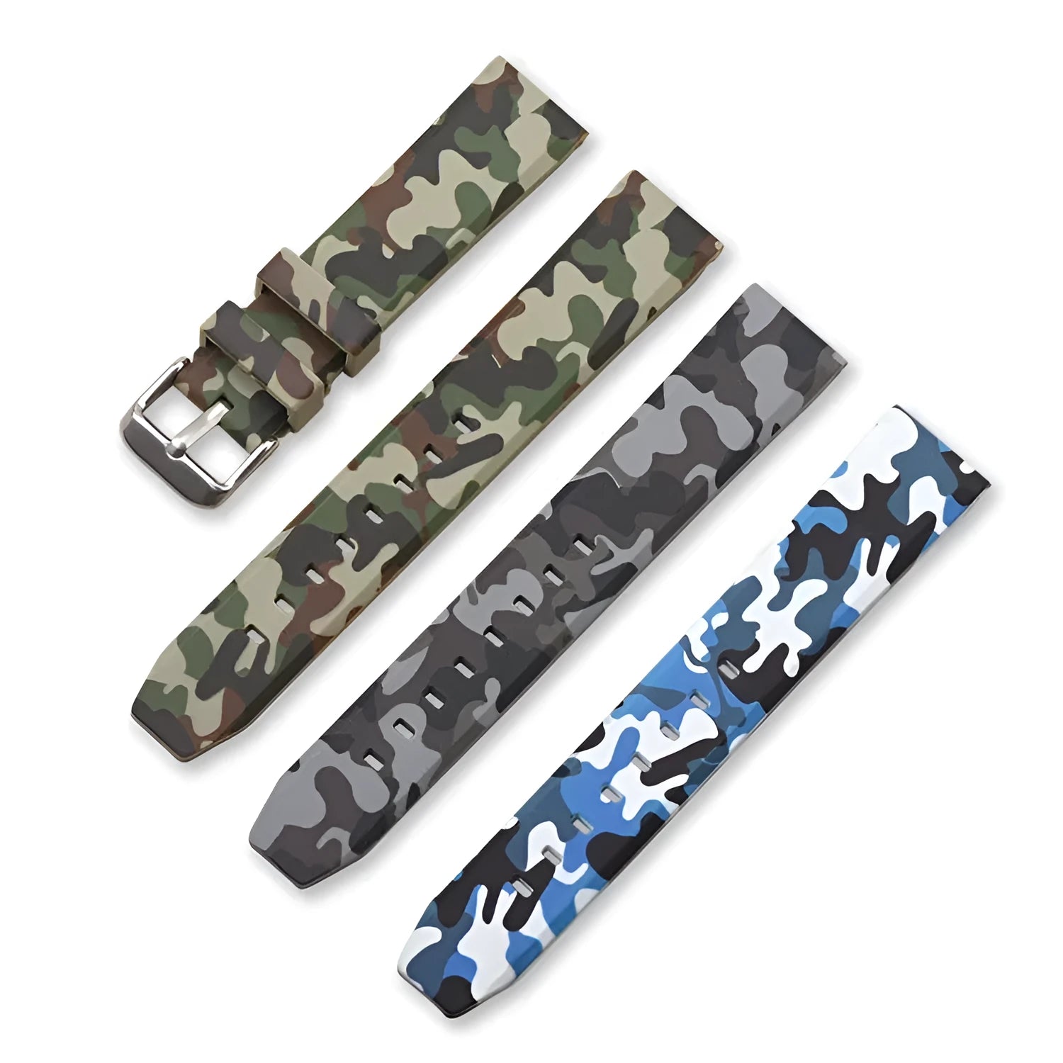 Green camouflage silicone watch strap with flat head, shown alongside blue and grey versions.