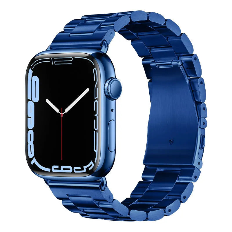 Three stainless steel metal watch bands for iWatch models 38/40/41mm and 42/44/45mm in five colours