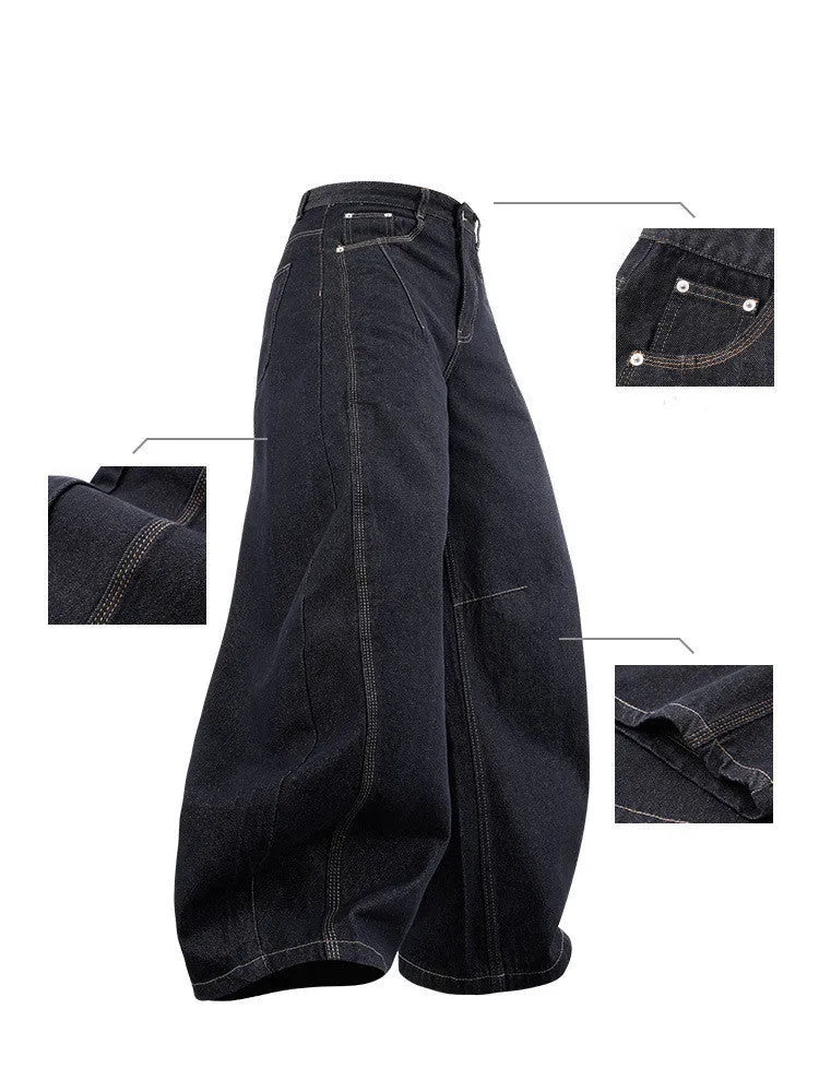Men's wide leg denim trousers in original cow colour showing mid-waist design and cotton denim fabric