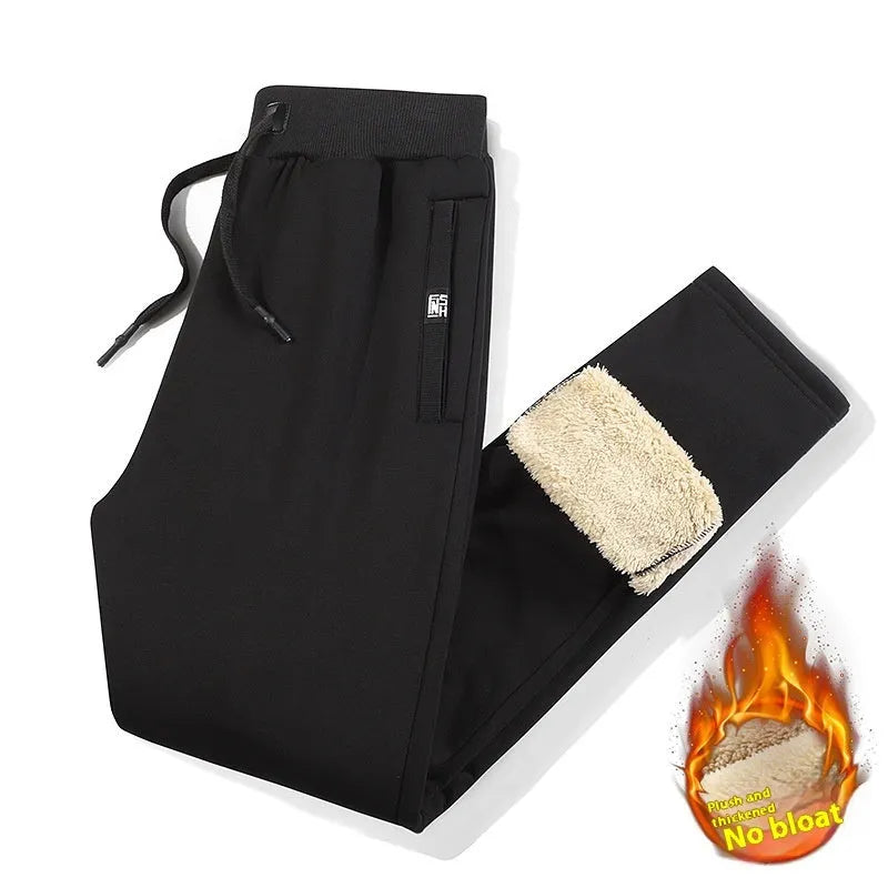 Men's grey fleece-lined cotton track pants with elastic waist and straight leg style