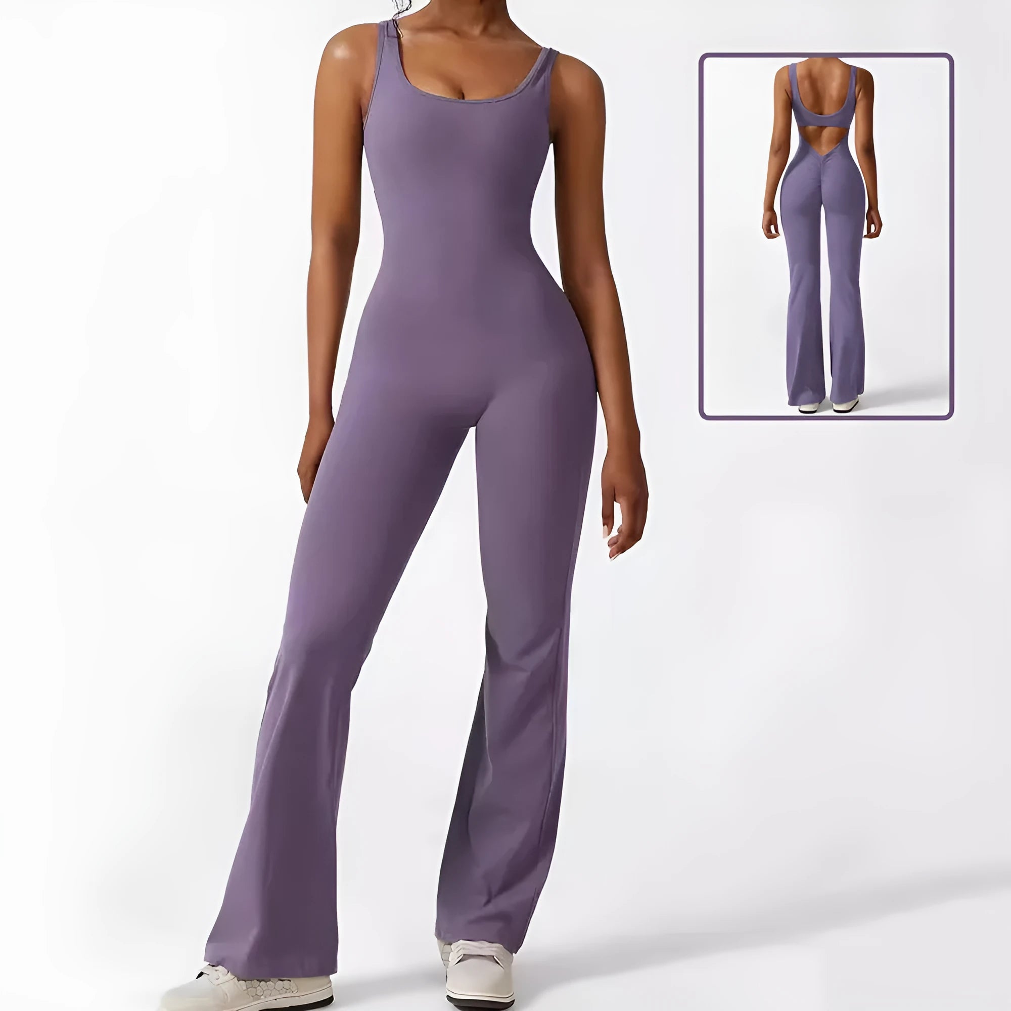 Women's sleeveless flare jumpsuit for fitness and yoga in multiple colours