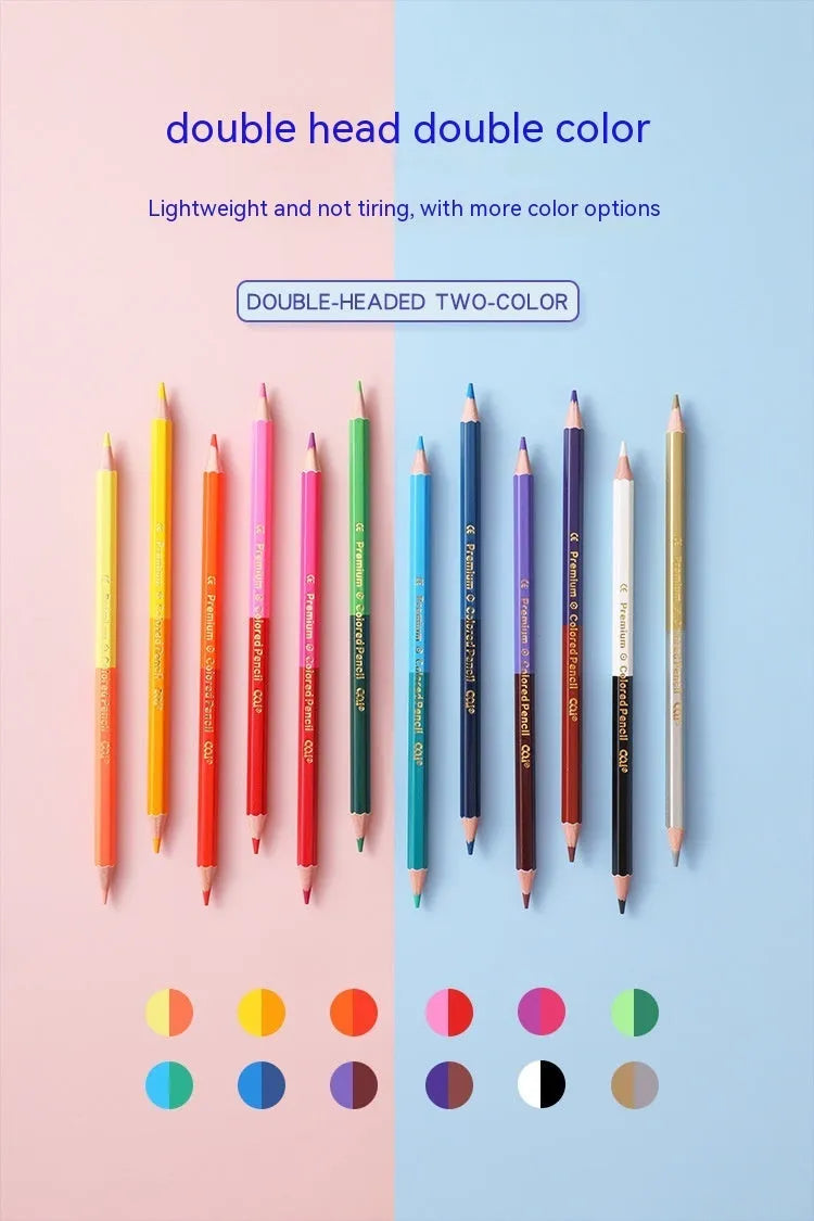 Set of wooden double-head colour pencils showing both pencil tip and brush-style colour lead tip.
