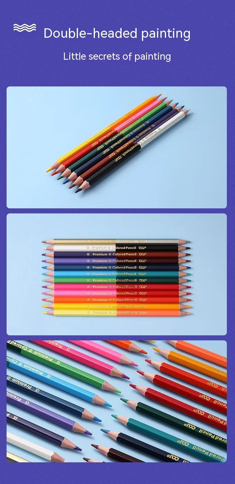 Set of wooden double-head colour pencils showing both pencil tip and brush-style colour lead tip.