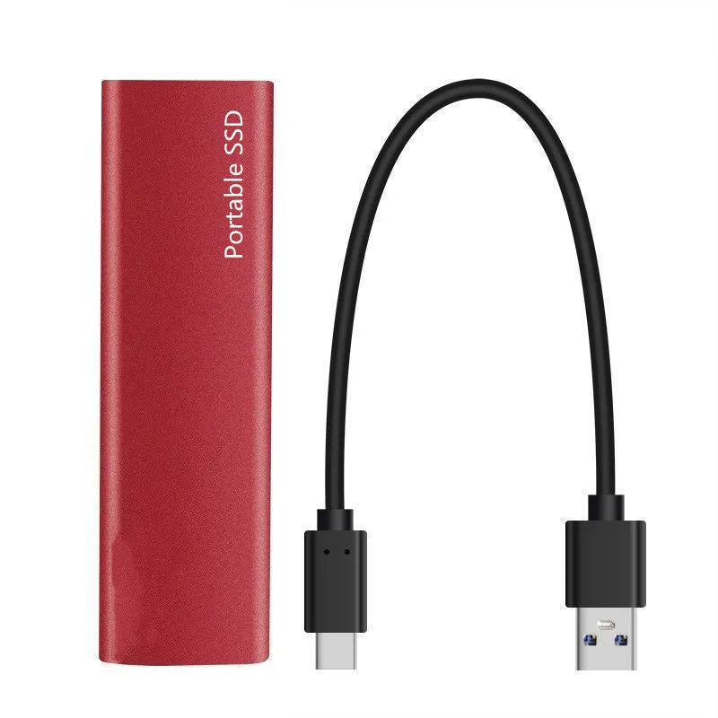 Ultra-thin metal external SSD hard drive in red, black, blue, or silver colour options.