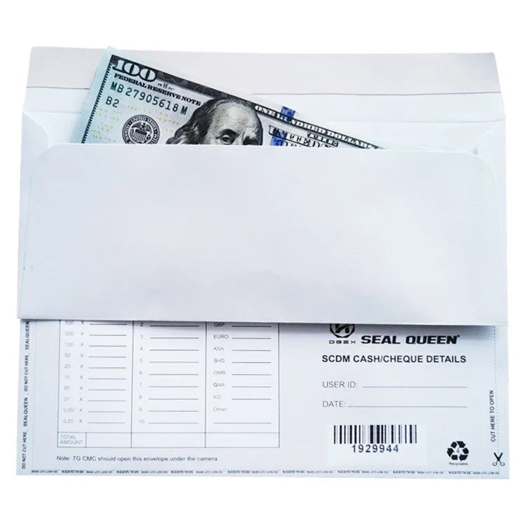 Blue confidential anti-opening security envelope showing self-adhesive seal, measuring 105mm by 240mm