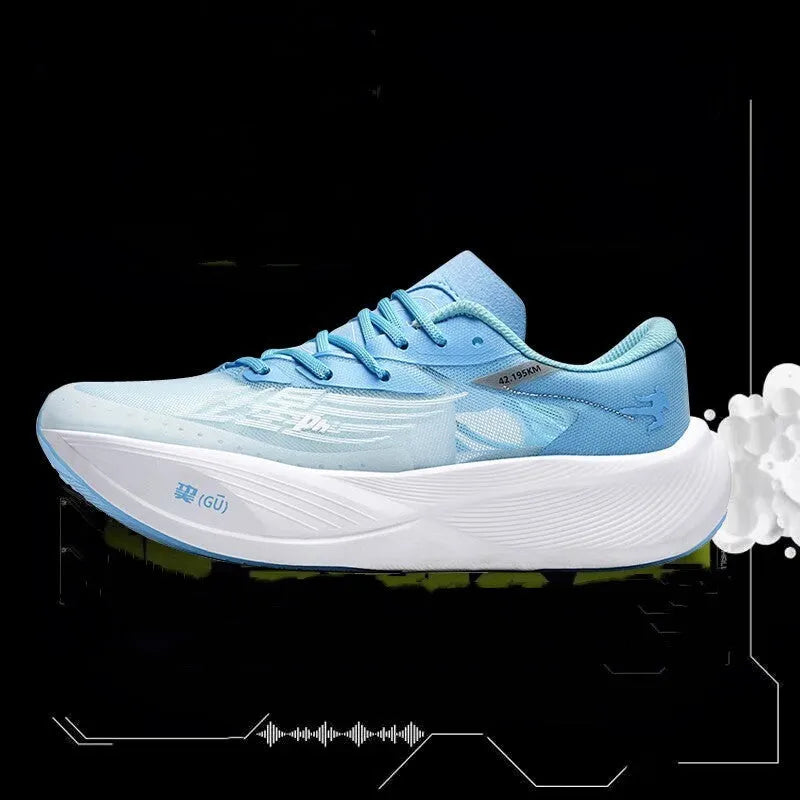 Low-top unisex racing sneaker with carbon plate, shown in Glacier colour with front lace-up detail.