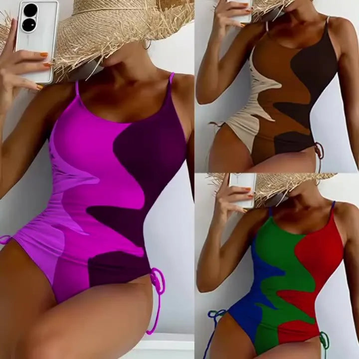 Women's sleeveless one-piece swimsuit in blue, purple, brown or green with fixed swimming trunks