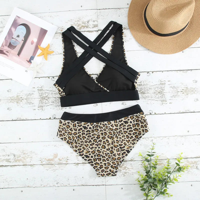Women's leopard print bikini swimsuit with cross band design and V-neck front