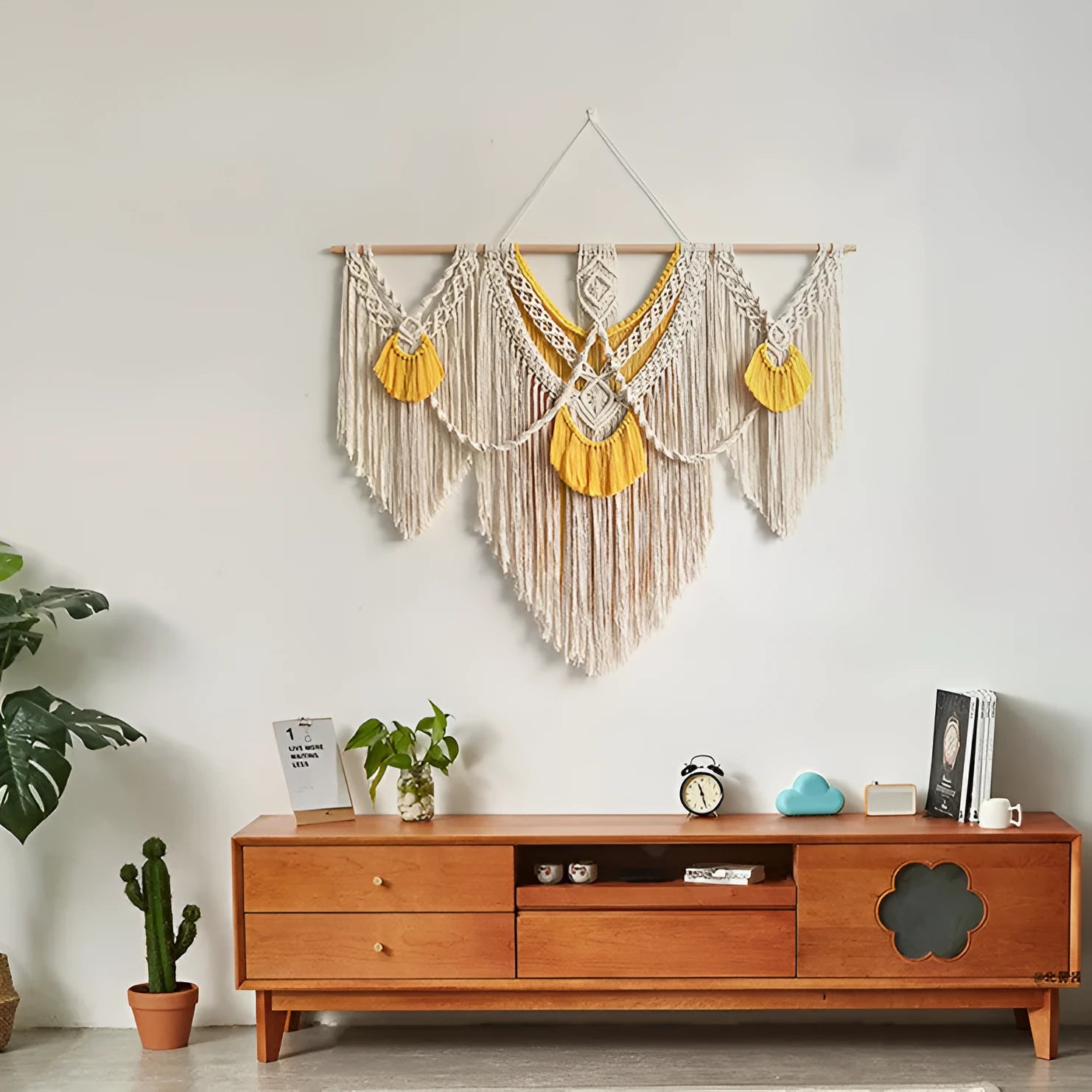 Creamy white woven cotton tapestry wall hanging with rectangular 120x95cm dimensions and hand-made weaving texture