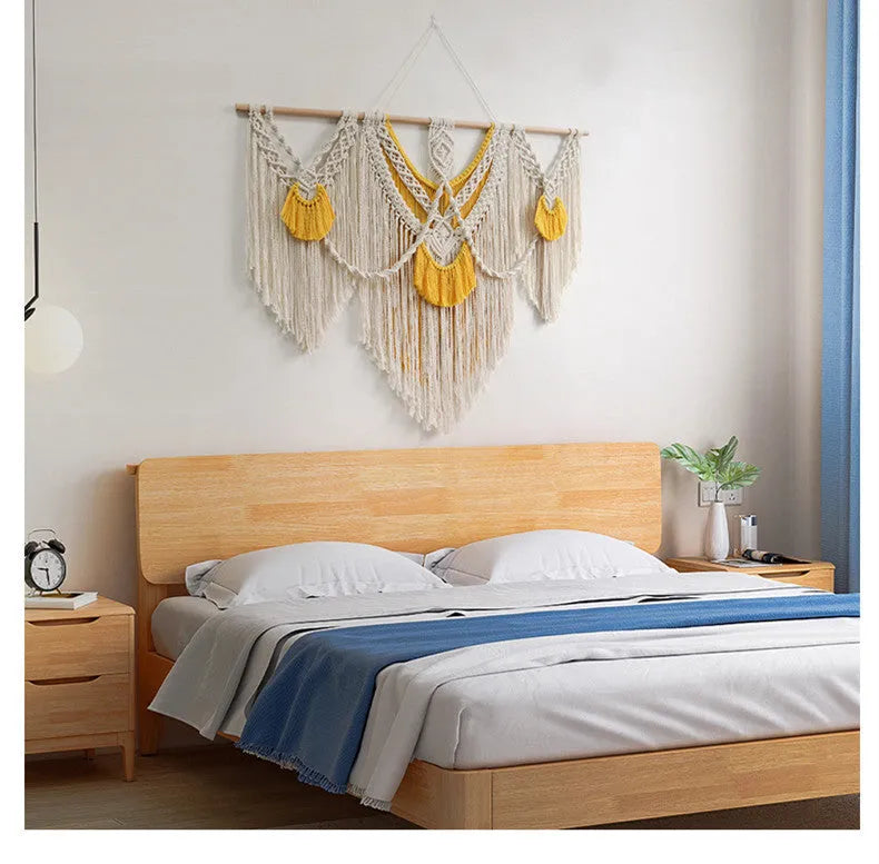 Creamy white woven cotton tapestry wall hanging with rectangular 120x95cm dimensions and hand-made weaving texture