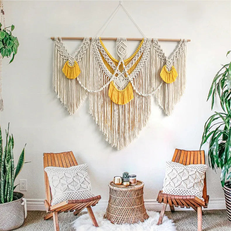 Creamy white woven cotton tapestry wall hanging with rectangular 120x95cm dimensions and hand-made weaving texture