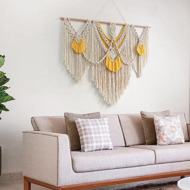 Creamy white woven cotton tapestry wall hanging with rectangular 120x95cm dimensions and hand-made weaving texture
