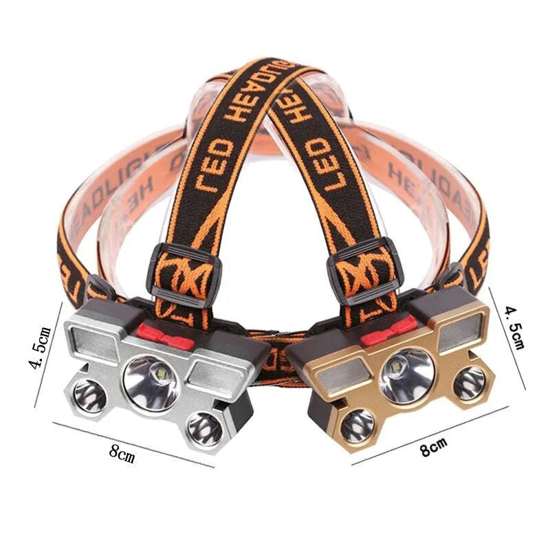 10W rechargeable LED miner's headlamp with head strap, made from black PVC, shown with data cable and colour box.