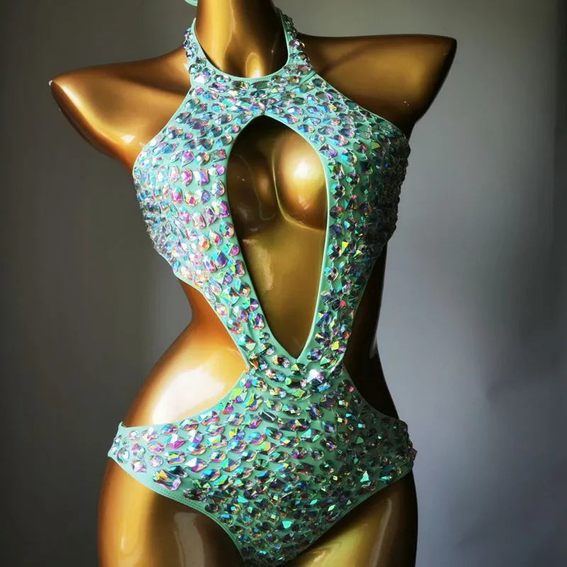 Women's one-piece mesh diamond swimsuit in nylon, shown in Army Green colour.