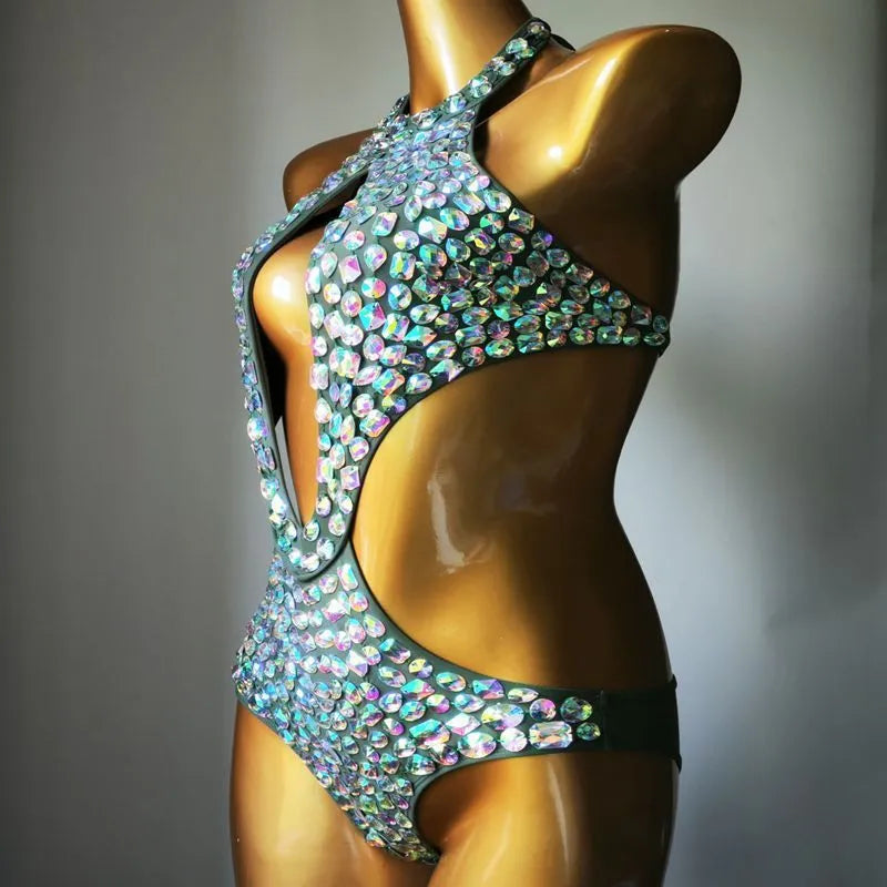 Women's one-piece mesh diamond swimsuit in nylon, shown in Army Green colour.