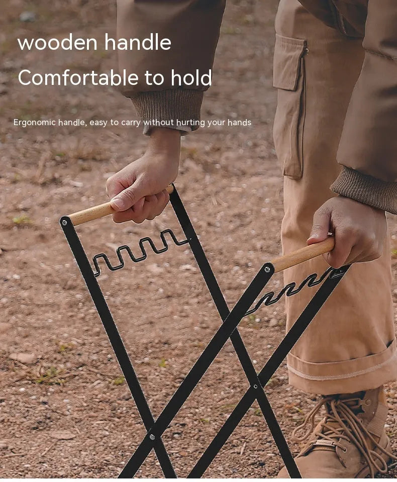 Iron and wooden folding trash storage rack for outdoor rubbish bags.