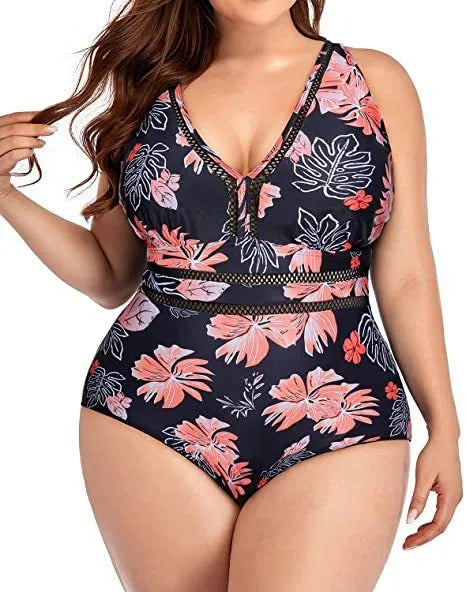 Black plus-size women's bikini swimsuit with mesh fabric stitching and floral print pattern