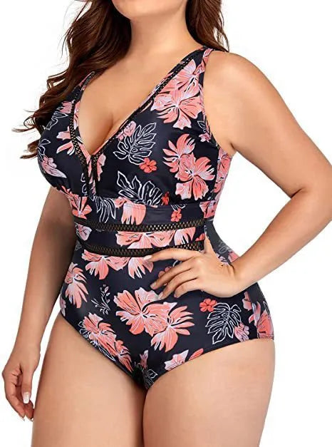 Black plus-size women's bikini swimsuit with mesh fabric stitching and floral print pattern