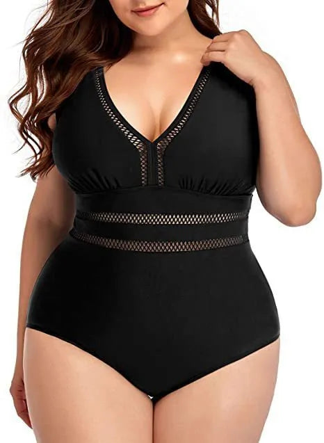 Black plus-size women's bikini swimsuit with mesh fabric stitching and floral print pattern