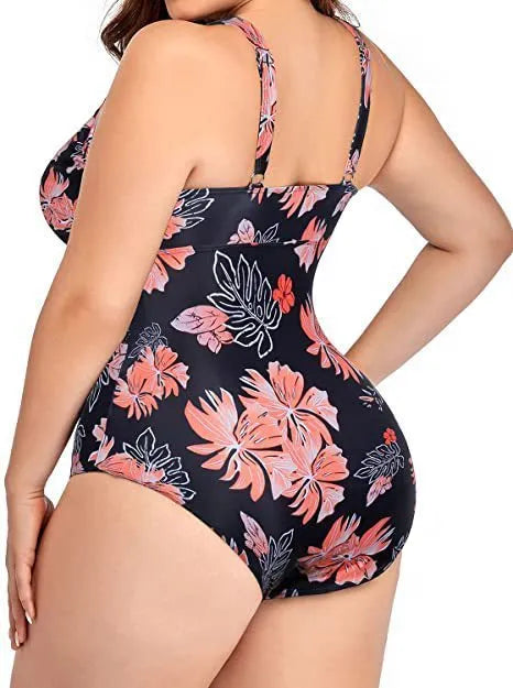 Black plus-size women's bikini swimsuit with mesh fabric stitching and floral print pattern