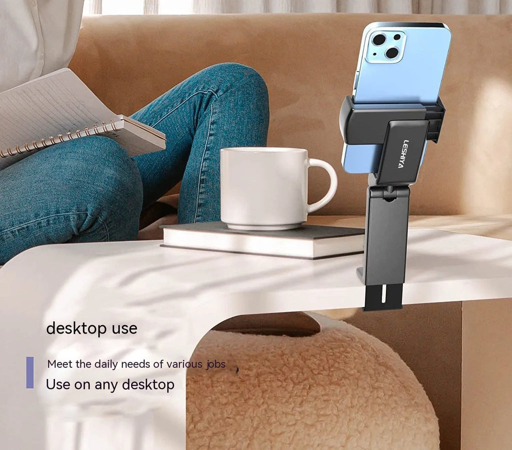 Universal foldable rotating phone holder in black, showing adjustable angle mechanism