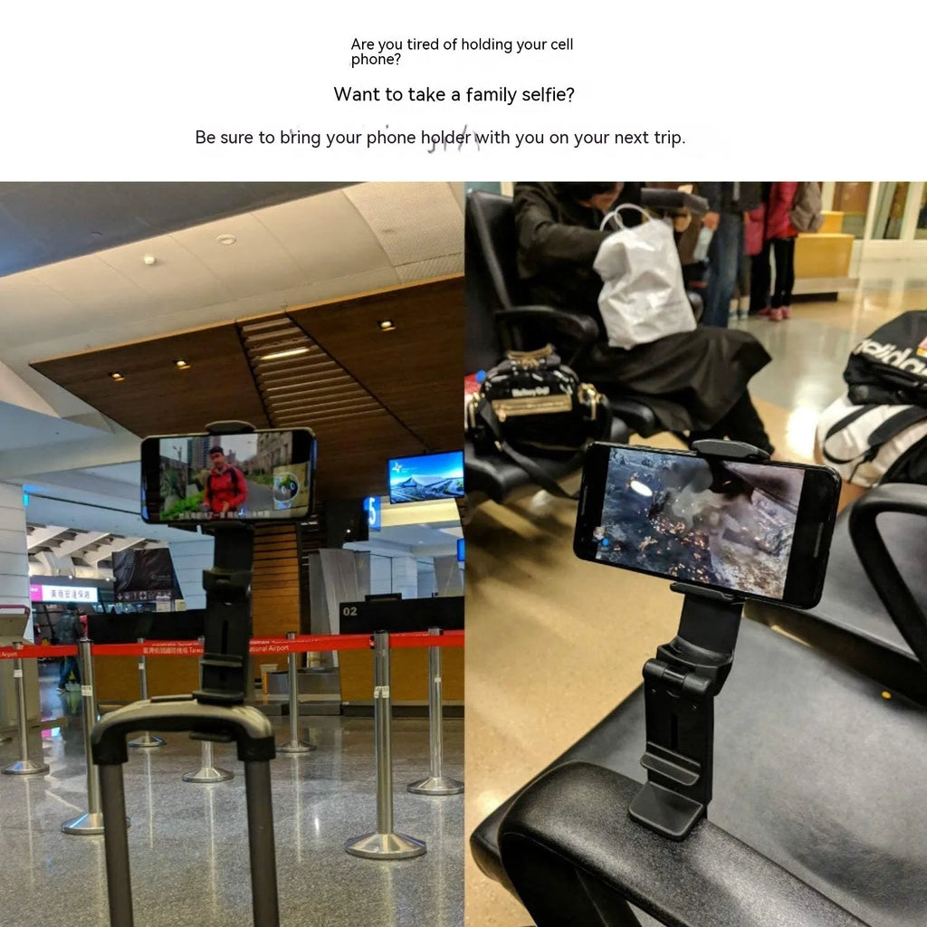 Universal foldable rotating phone holder in black, showing adjustable angle mechanism