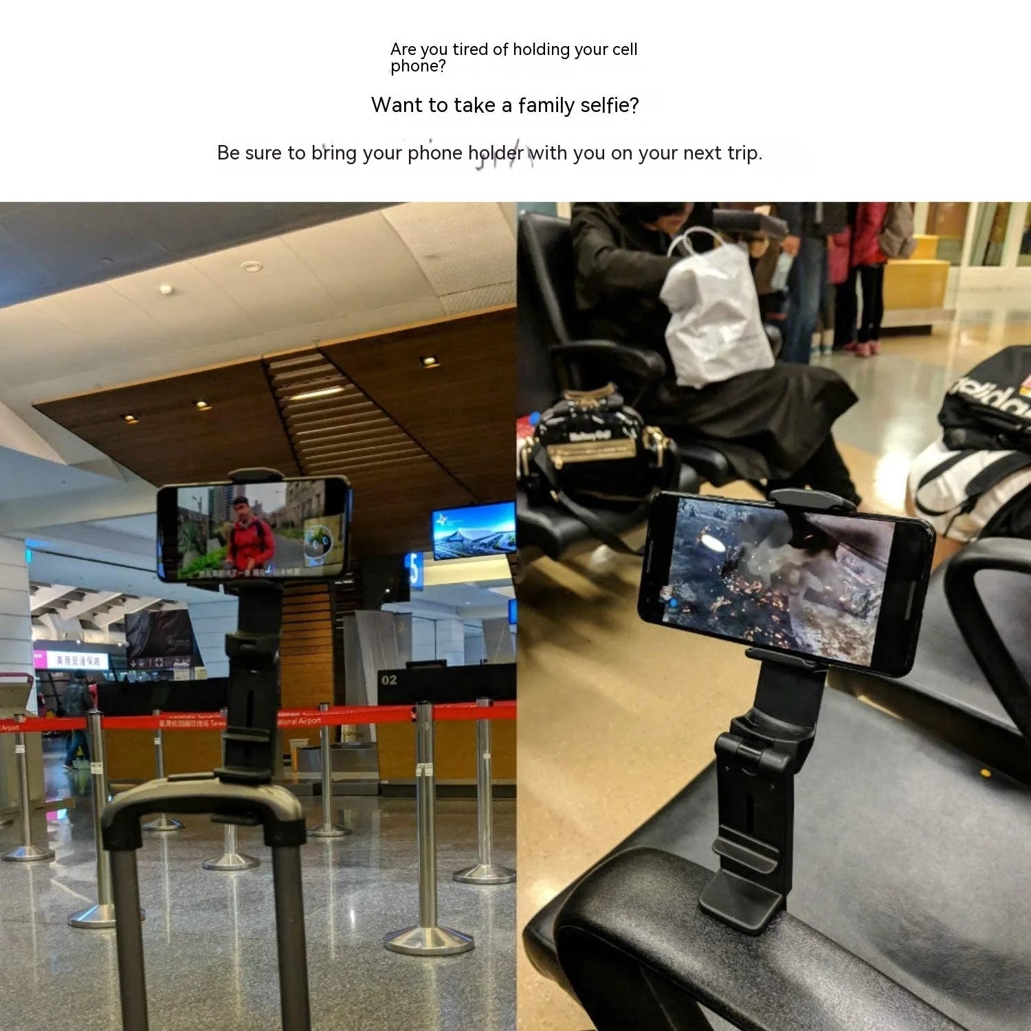Universal foldable rotating phone holder in black, showing adjustable angle mechanism
