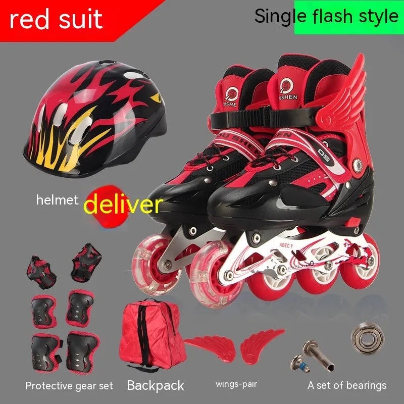 Children's adjustable inline skates with aluminium frame, PU foam wheels, helmet, protective gear, and backpack in multiple colours