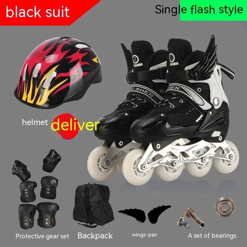 Children's adjustable inline skates with aluminium frame, PU foam wheels, helmet, protective gear, and backpack in multiple colours