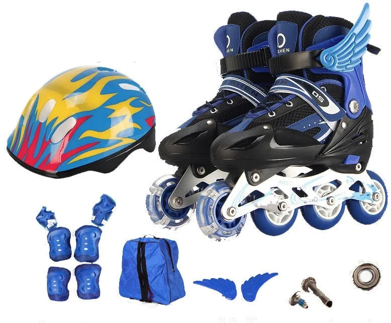 Children's adjustable inline skates with aluminium frame, PU foam wheels, helmet, protective gear, and backpack in multiple colours